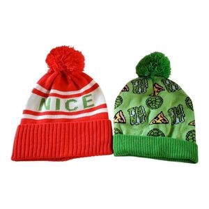 Red and Green Pom-Pom Kids Beanie Set